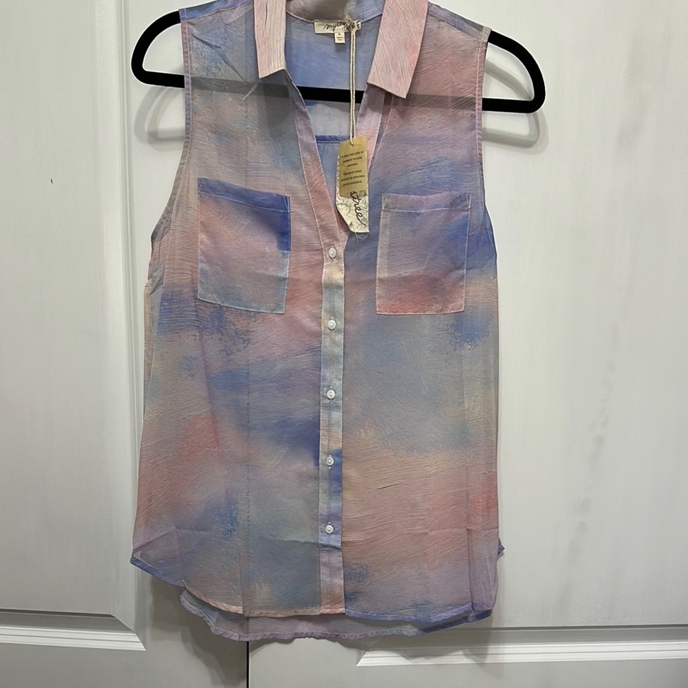 Mystree Pink and Blue Sleeveless Notched Collar Top‎